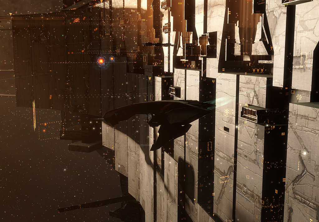 A space ship in front of a space structure. Materials from EVE online