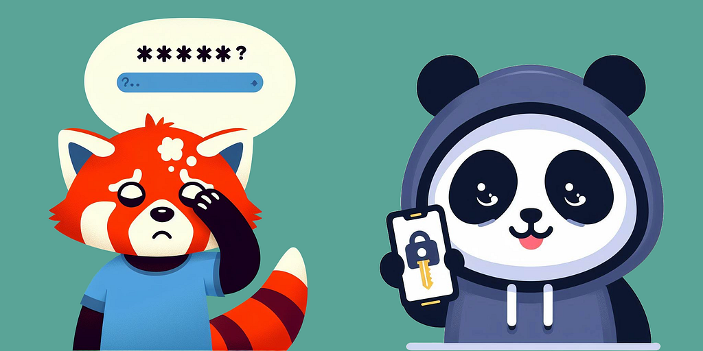 A red panda struggles to remember a password while a hooded panda holds a smartphone with passkey