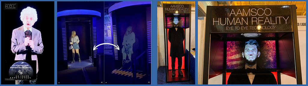 Personnages historiques (Einstein, Abraham Lincoln) sous forme holographique dans divers contextes d’exposition