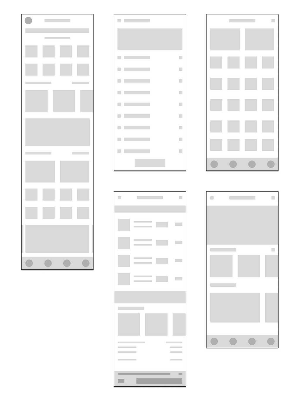 Low-fidelity wireframes of Elysium mobile app constructed during the initial phase of the project.