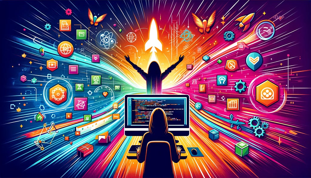 A vibrant illustration showcasing a developer’s transition to a Professional Scrum Product Owner, with a computer screen displaying code on one side and abstract icons representing Scrum artifacts on the other, symbolizing growth in Agile methodology.