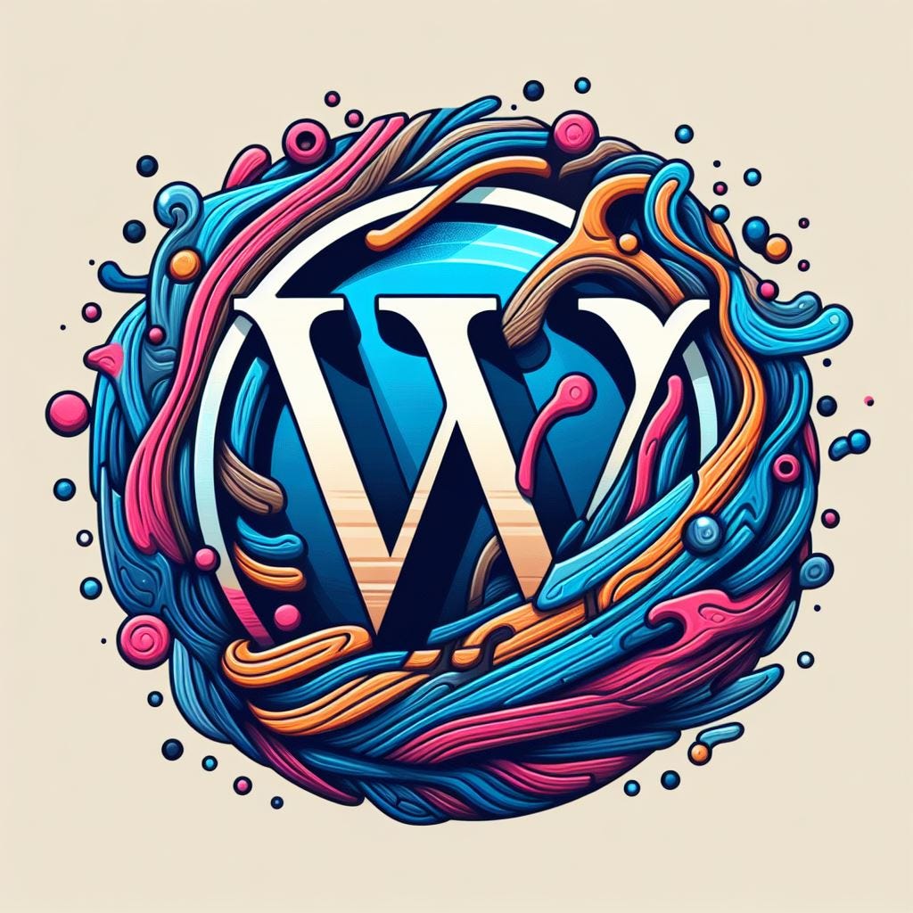 The image shows a smooth transition from the blue and white confluence logo, which consists of two overlapping circles and a letter C, to the blue and white wordpress logo, which consists of a stylized W inside a circle. The image conveys the idea of changing from one platform to another, or integrating them together.