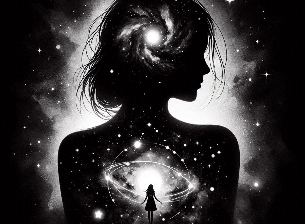 A black silhouette of a woman surrounded by white light. Inside her is another girl standing, with a cosmic vibe.