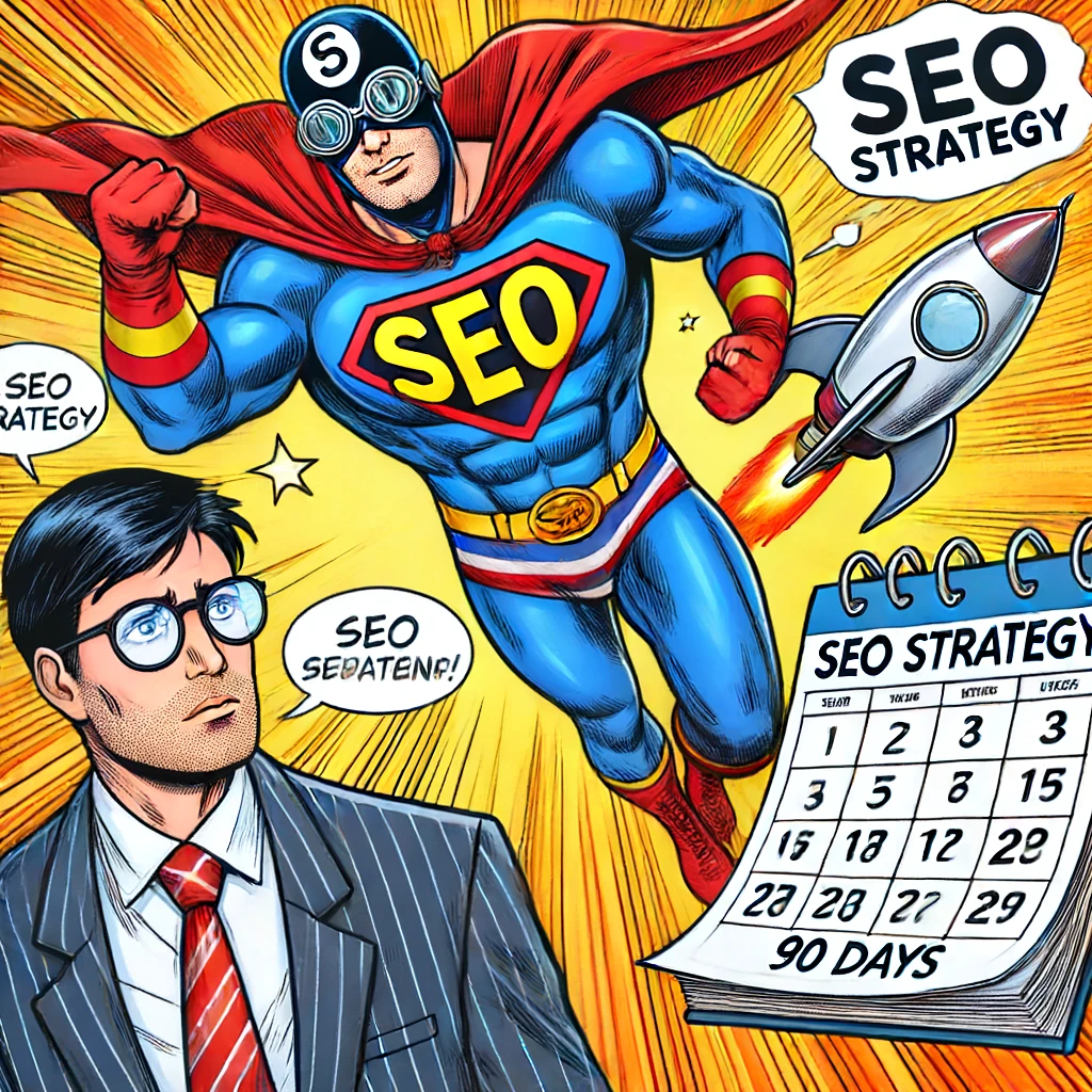 Super-erou SEO: Un super-erou îmbrăcat în costum de SEO vine în ajutorul unui om de afaceri stresat. Super-eroul ține în mână un plan de acțiune SEO și un calendar cu 90 de zile evidențiate. Omul de afaceri pare ușurat și încrezător.