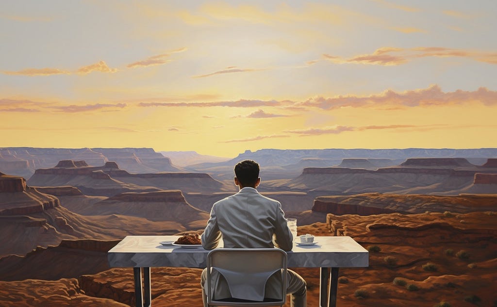 A man dining by himself at  fancy table in the middle of the Grand Canyon.