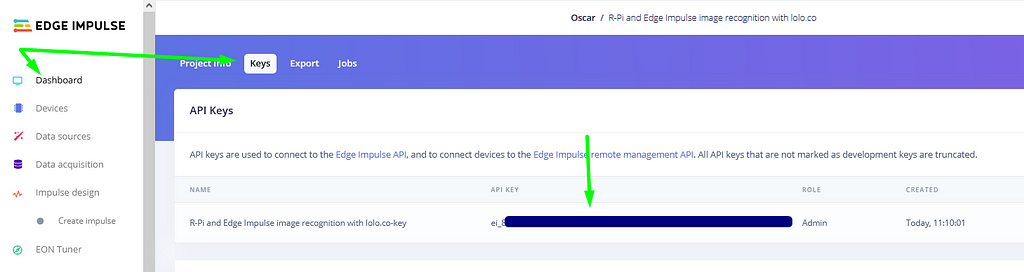 Screenshot of how to get API-key in Edge Impulse