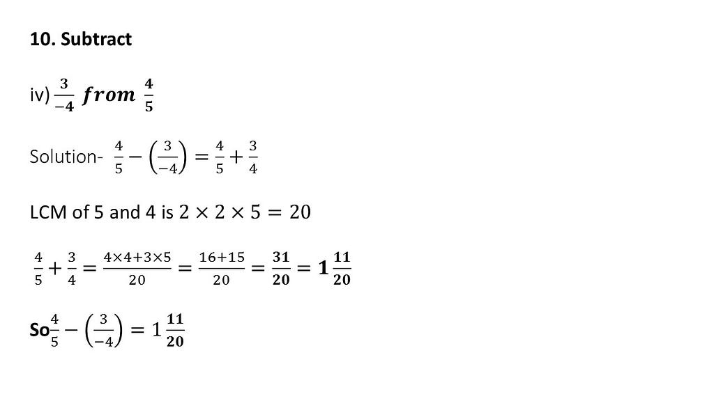 subtraction of rational numbers questions answers