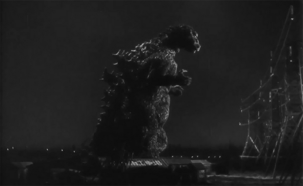 A still frame from the 1954 Godzilla movie