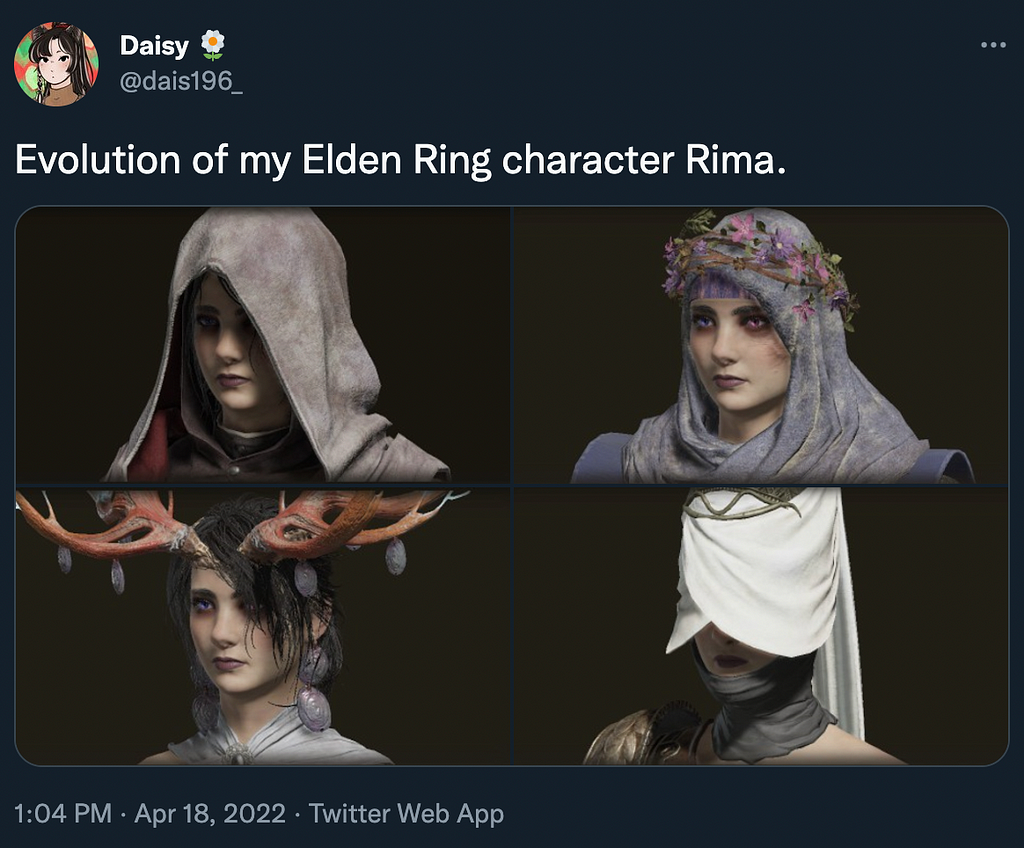 Screenshot of a tweet. “Evolution of my Elden Ring character Rima,” the text reads, above four avatar screenshots that show a variety of headgear, clothes, scarves, laurels, and jewelry.