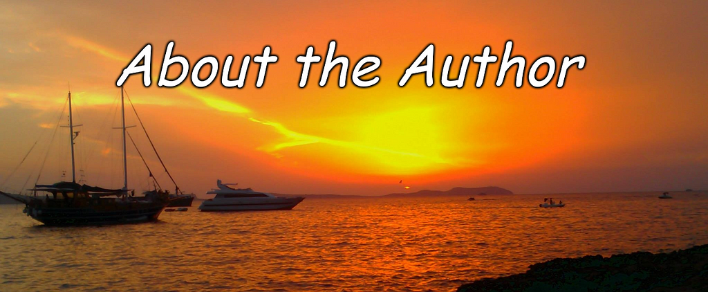 Boats float on a red sea beneath a sunset melting away into a dazzling amber lens flare. Captain: About the Author.