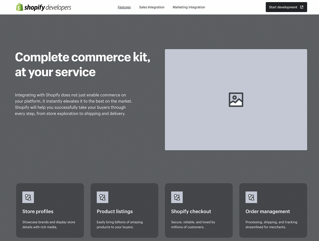 An image of wireframes with the words Complete commerce kit at your service and headers including store profiles, product listings, Shopify checkout and order management.