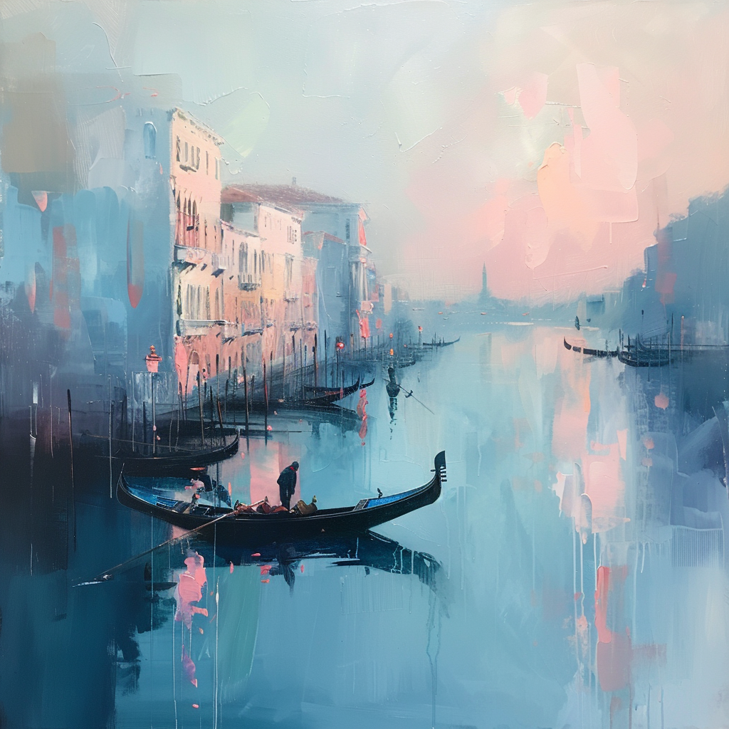 Oil painting of Venice, dreamy pastel color palette, blue and pink, vintage