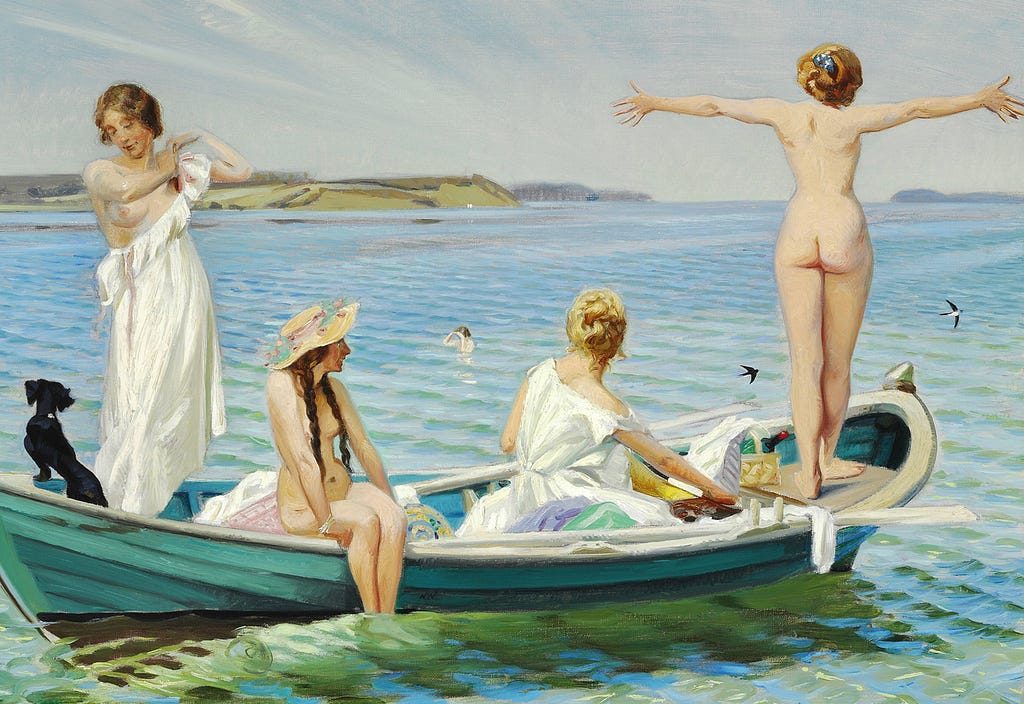 1900 era painting by Harald Slott-Møller of four women bathing in the sea, on a boat in the Harbour
