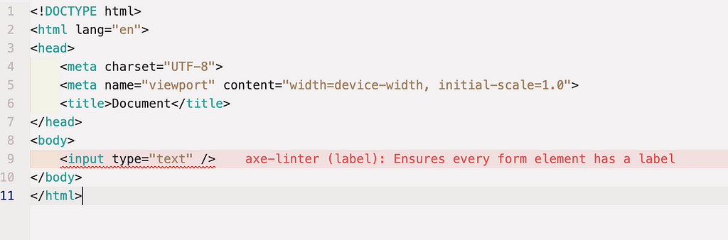 A code editor showing an error from axe-linter. The error says that every input tag must have a label.