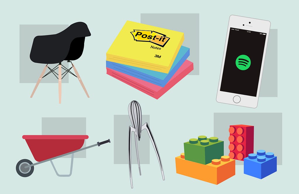 Illustrations of an Eames chair, post-it notes, the Spotify app, a wheelbarrow, the Philippe Starck Alessi Juicy Salif Citrus Squeezer, and a few legos.