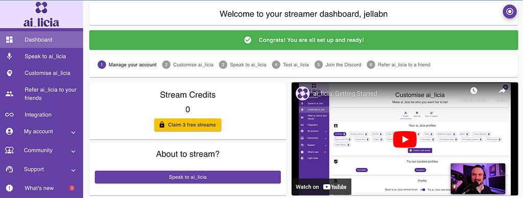 ai_licia landing page of the Streamer Dashboard