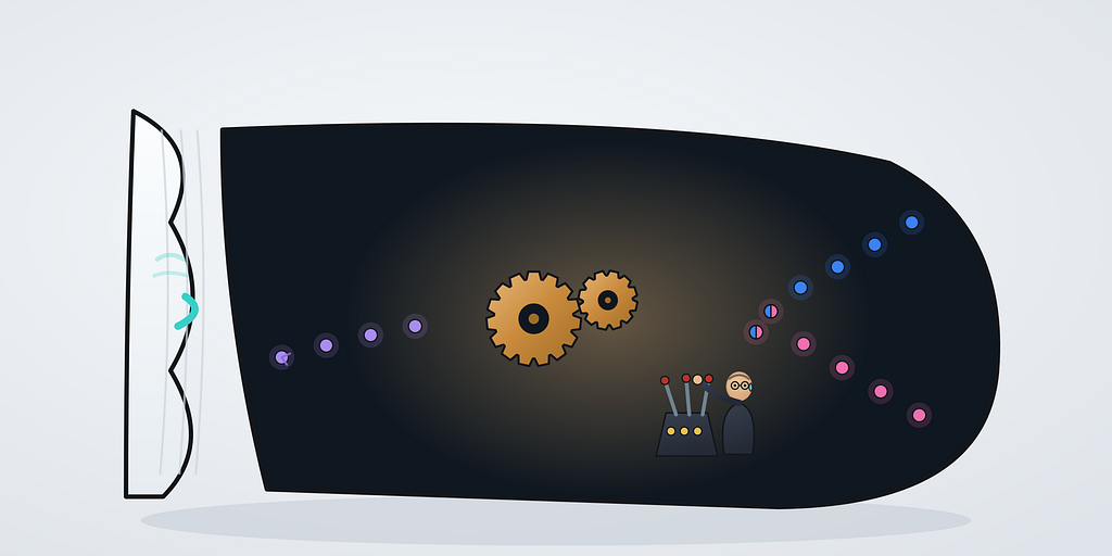 The white interface is pulled fully aside like a drawn-back curtain, exposing the whole works end to end: blue and pink tokens blending into lilac, and a small bespectacled operator caught working a bank of levers.