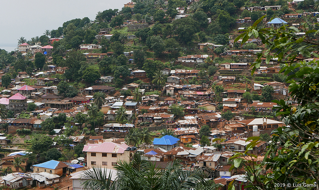 View of slums on a hillside.