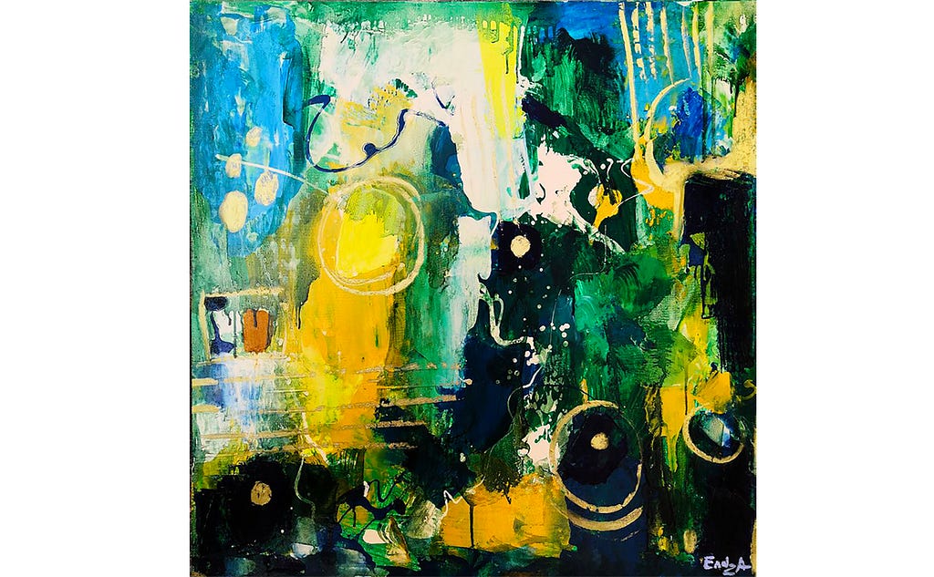 Green, black and gold contemporary painting by Endza Babakhanyan.