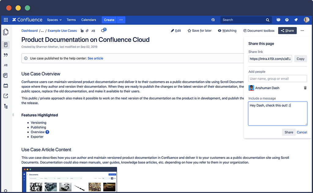 Interface for project documentation on Confluence