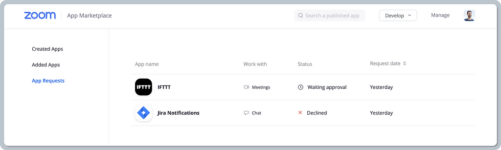 A screenshot of Zoom’s overview showing two app requests and their statuses.