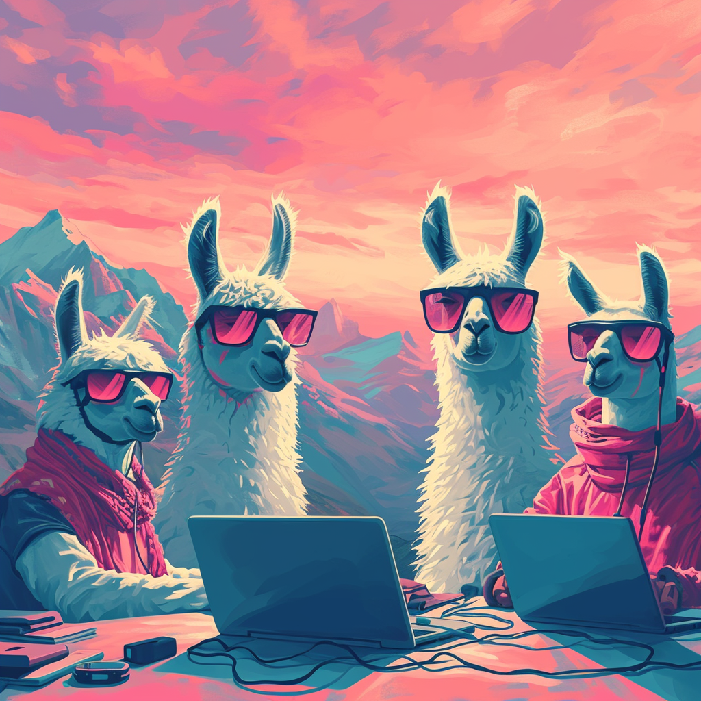 A group of llama data scientists teaming up to symbolize open source collaboration.