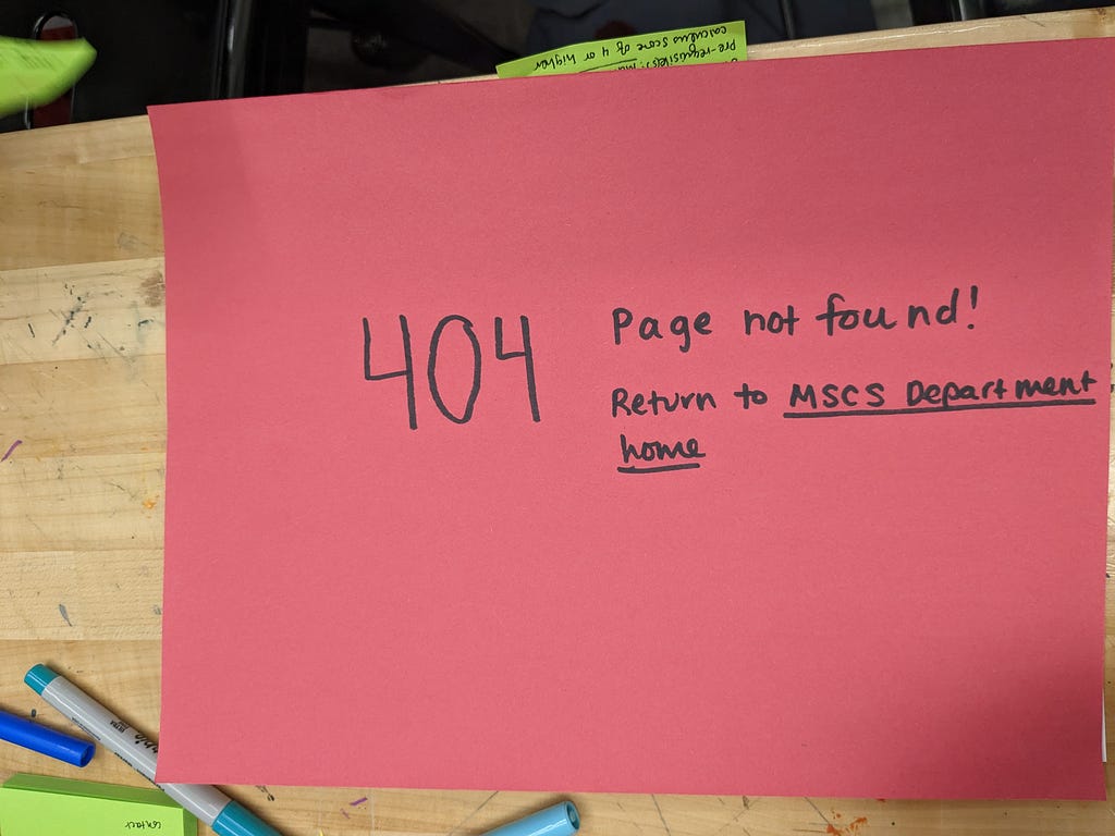 A paper prototype page for 404 page not found.
