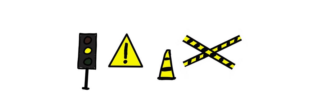 Ilustração de objetos amarelos que represam sinais de alerta: Semáfaro amarelo, Placas de sinalização, cones, faixas de segurança.