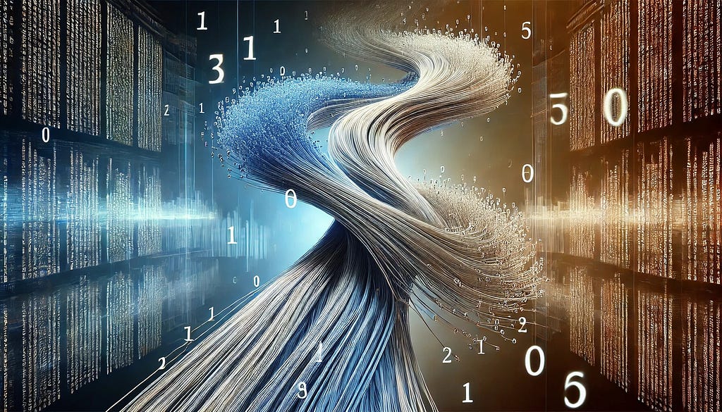 An artistic representation of two sorted linked lists merging into one, depicted as streams of numbers combining in an orderly fashion against a digitally inspired background.