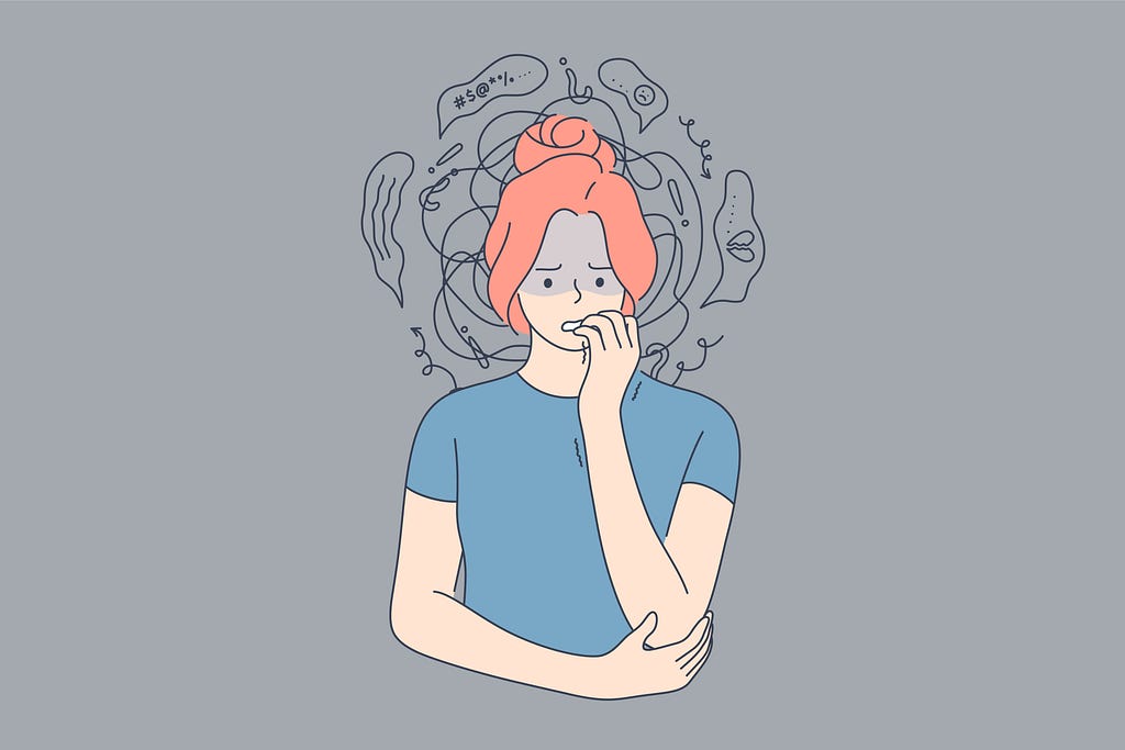 Illustration of woman with swirling anxious thoughts around her.