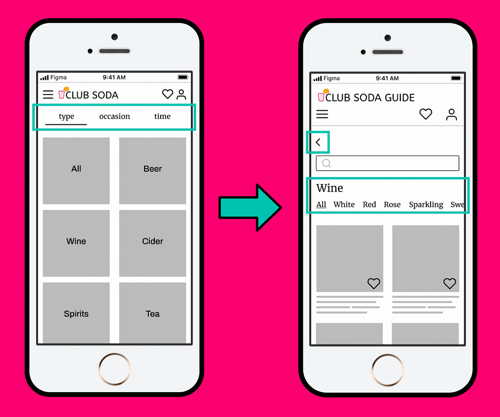 Two mockups, showing the before and after greyscale wireframe iteration for the product page navigation and back arrows.