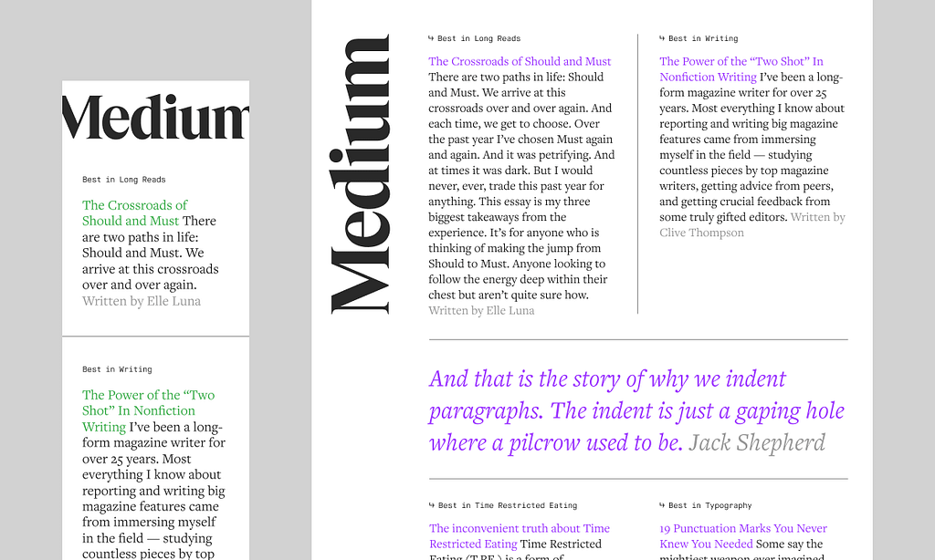 Two layouts with a big wordmark and big pull quotes
