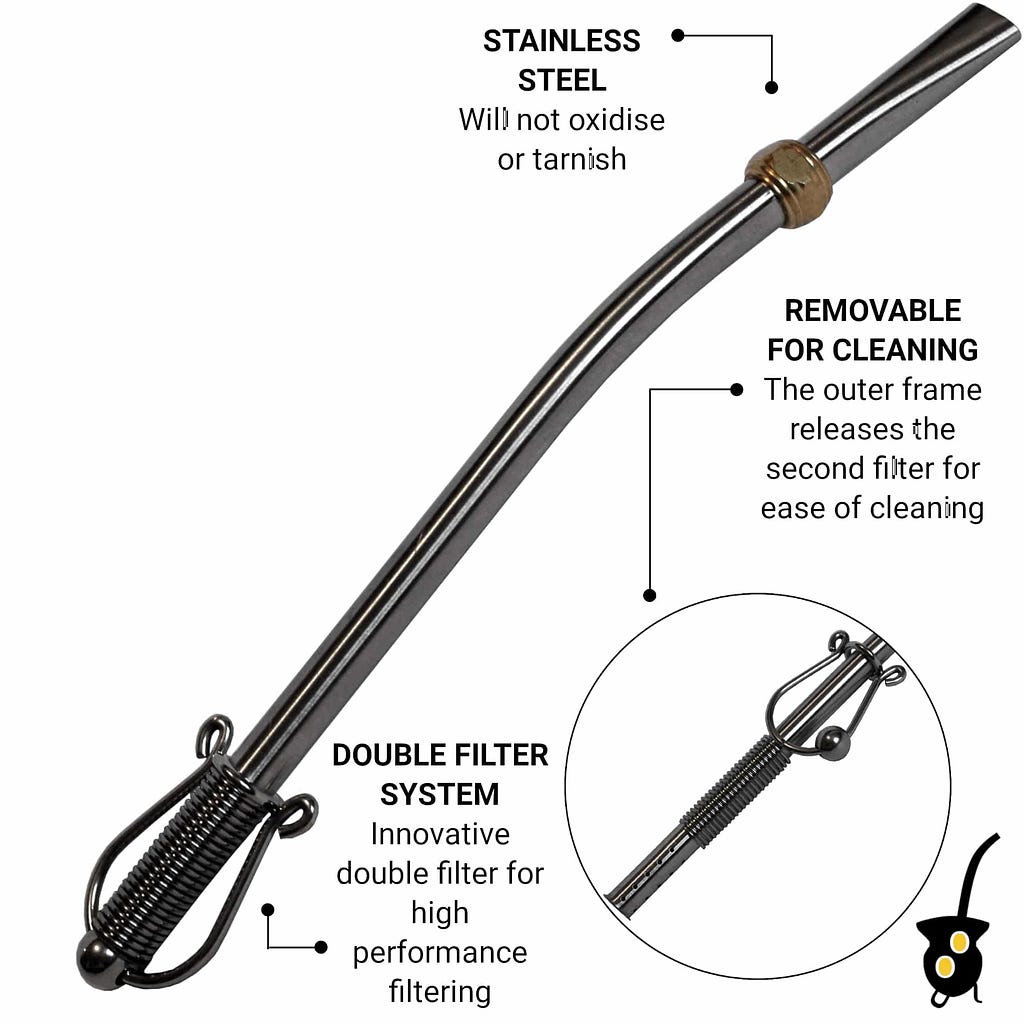 A bombilla drawed with features like double filter system and removable filter