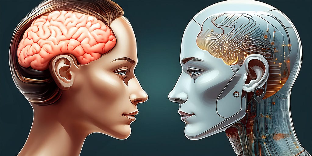 A pair of heads facing each other. One is human, the other robotic. They are cutaway so that their brains, one biological and one android, can be seen.