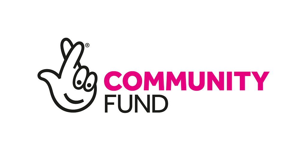 A black line drawing of a pair of crossed fingers next to pink and black writing that says “Community Fund”