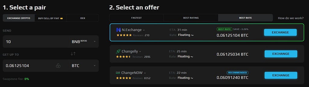 Swap BNB bep20 for BTC with SwapZone