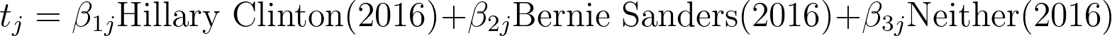 tⱼ = β₁ⱼ * Hillary Clinton (2016) + β₂ⱼ * Bernie Sanders (2016) + β₃ⱼ * Neither (2016)