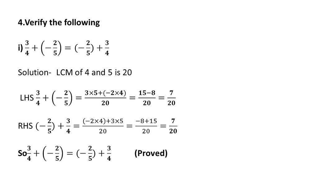 Verify the commutative property of addition of rational numbers questions
