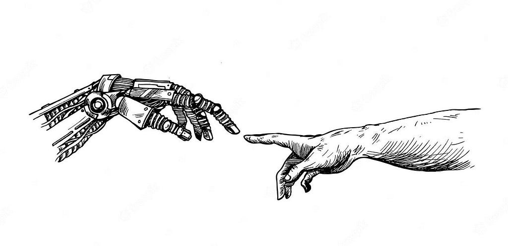 Hands of robot and human hands touching with fingers - artificial intelligence technology concepts