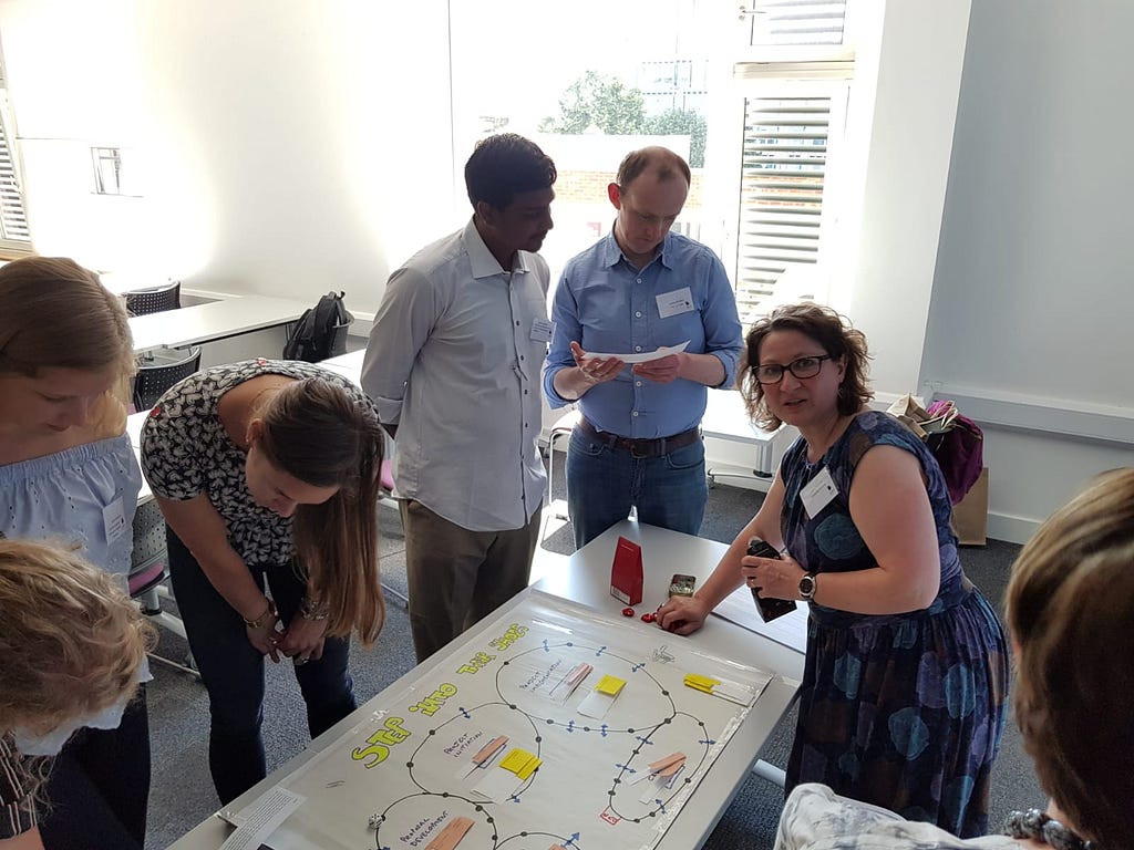 Anne Tallontire playing a board game for training researchers on ethical and constructive research that involves members of the fair trade movement