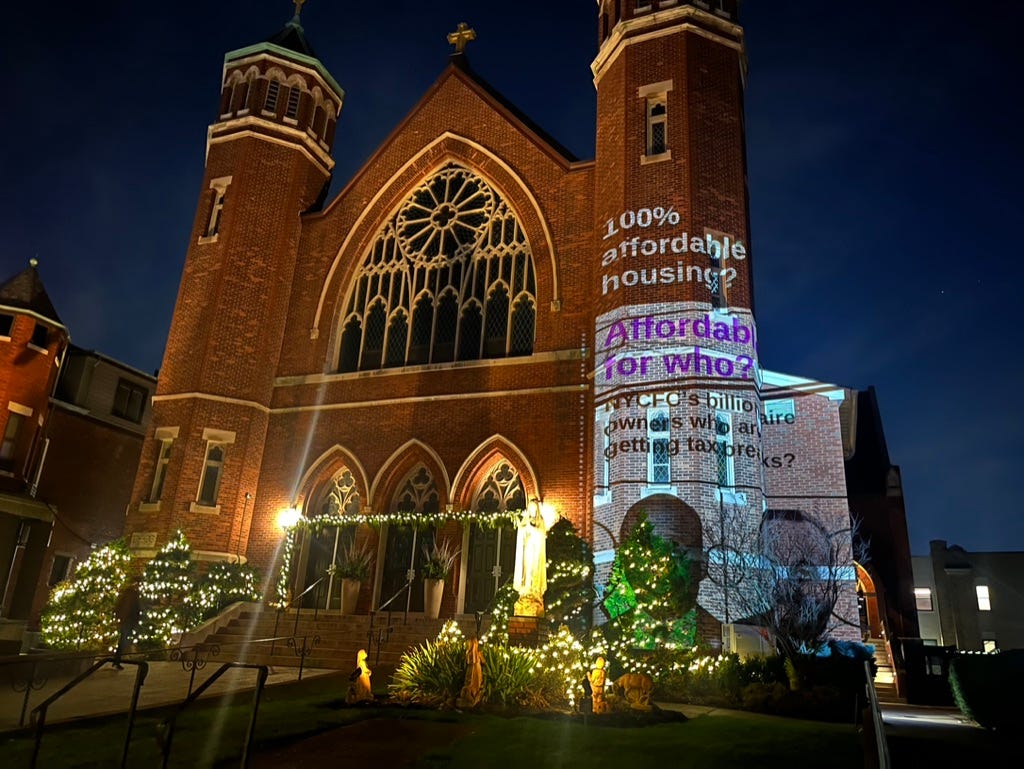 Front of St. Luke’s church in Whitestone, Queens on the evening of the Community Board 7 vote to approve the second phase of the Willets Point redevelopment plan.