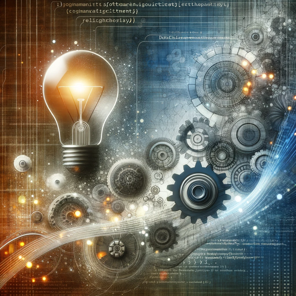 Abstract image combining elements of code, gears, and a light bulb, symbolizing innovation in software development.