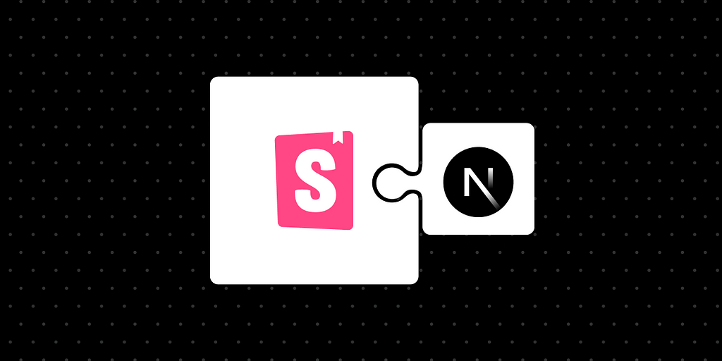 Illustration of 2 puzzle pieces, the Next.js logo piece is connected to the larger Storybook logo piece.