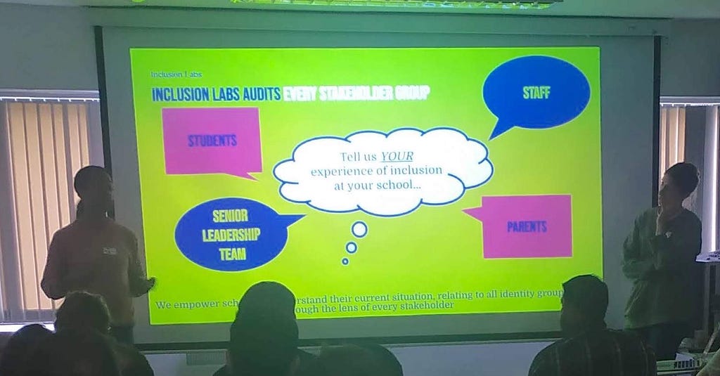 A presentation on a screen that says “Inclusion Labs audits every stakeholder group.” Speech bubbles saying “Students, Senior Leadership Team, Staff, Parents” surround a central bubble that says “Tell us your experience of inclusion at your school?”