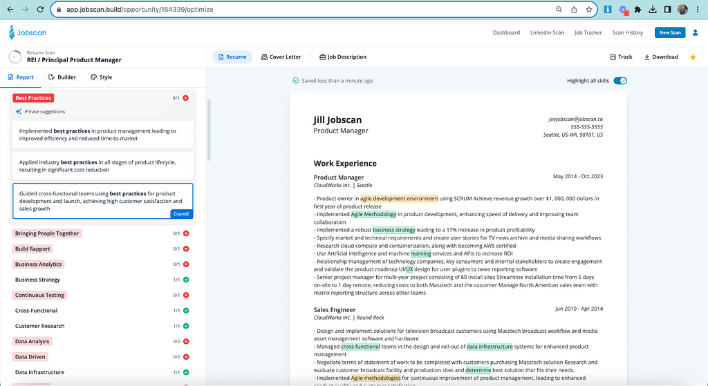 A screenshot from JobScan, a tool that scans the job description and your resume and recommends keywords to insert.