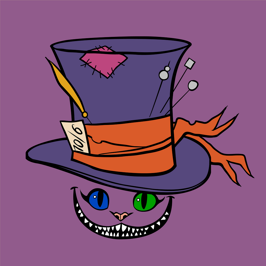 A digital drawing of a grinning cat wearing a purple hat, one blue eye and one green eye