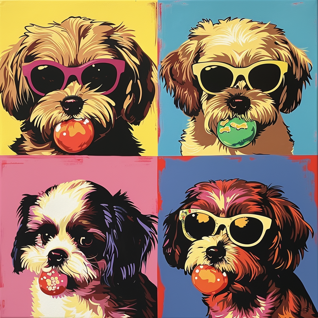 Pop art of a 4 square comics of 4 different puppies wearing sunglasses eating chewing gum