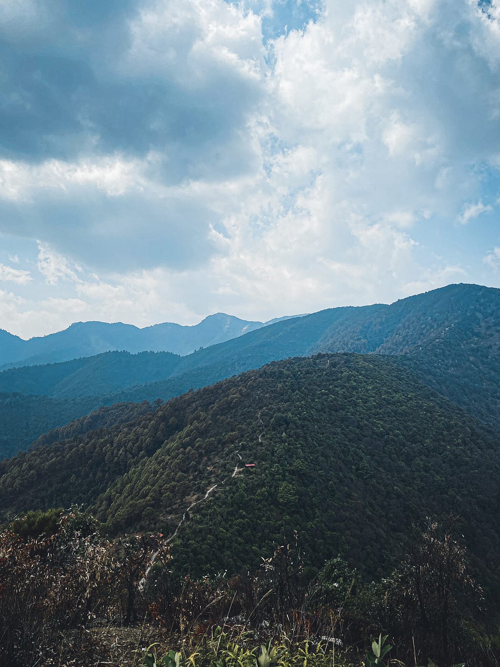 The way to Champa Devi. Champa Devi located on top right foothill. Photo by Author