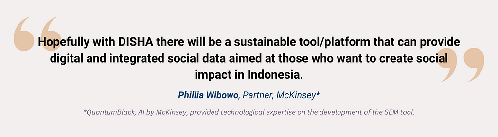 Hopefully with DISHA there will be a sustainable tool/platform that can provide digital and integrated social data aimed at those who want to create social impact in Indonesia. Phillia Wibowo, Partner, McKinsey* *QuantumBlack, AI by McKinsey, provided technological expertise on the development of the SEM tool.