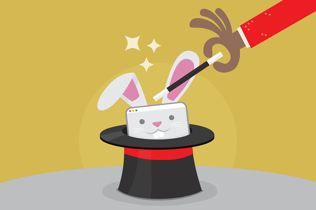 A magician taps a top hat with a magic wand, and a tablet bunny rabbit pops it’s head out of the hat.